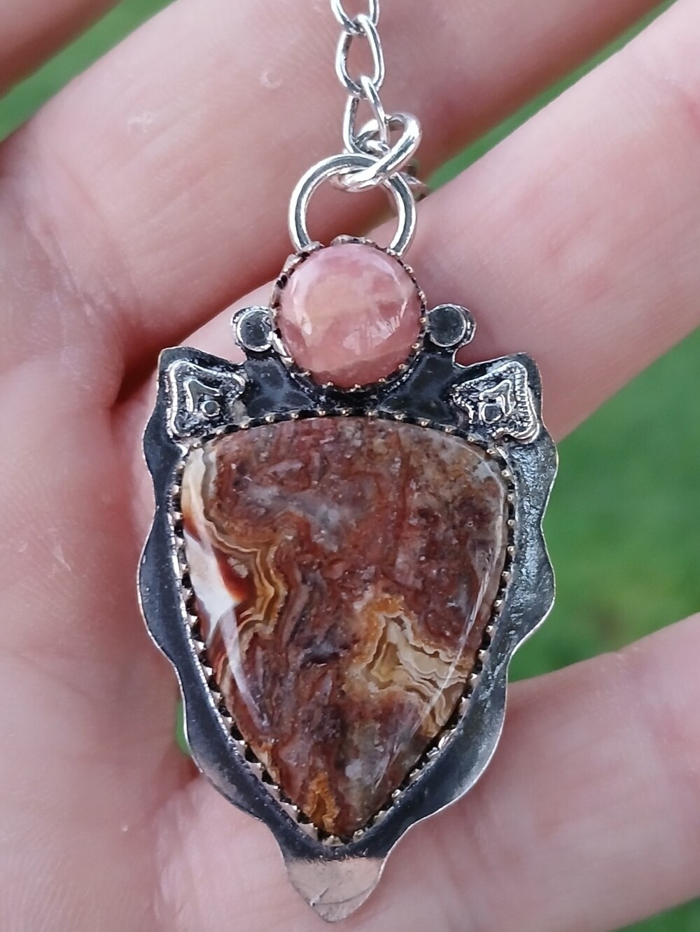 New Mexican Laguna Lace Agate & Rhodochrosite 925 Silver Necklace. 